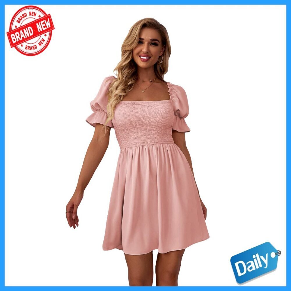 Square Neck Flounce Short Sleeve Ruffle Hem Casual Dress Rayon